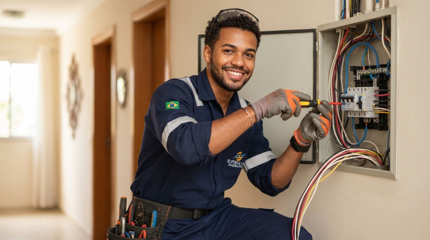 Eletricista profissional trabalhando em instalação elétrica residencial